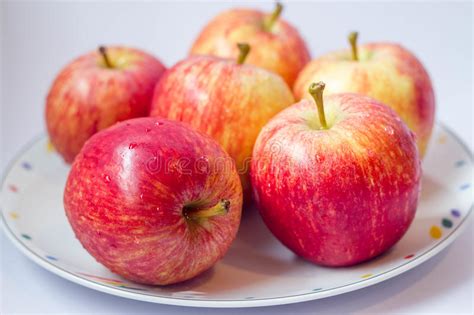 Group Of Fresh Red Apples On White Dish Stock Image Image Of Close