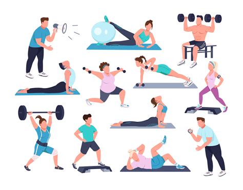 Gym Exercise Semi Flat Color Vector Character Set Posing Figures Full Body People On White