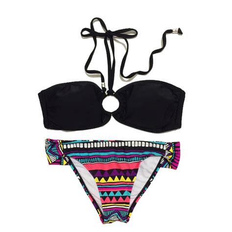 S Plain Black Ringed V String Bandeau Rainbow Aztec Bikini Shopee