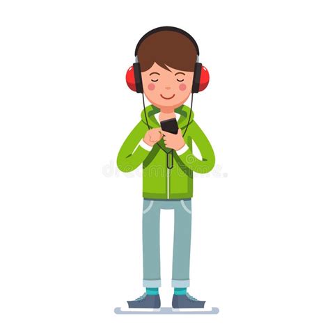 Teen Boy In Headphones Listening To Music On Phone Stock Vector