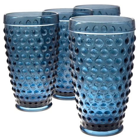 Set Of 4 Pressed Glass Blue Tint 16oz Tumblers Hobnail Heavy Drinking Glasses