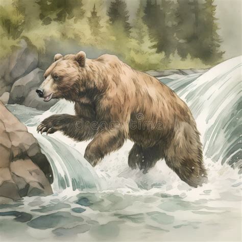 Watercolor Illustration Of A Brown Bear Jumping Over A Waterfall Wild