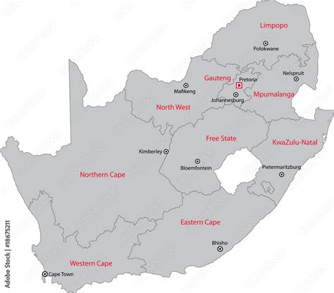 South Africa Map With The Provinces And The Main Cities Stock Vector