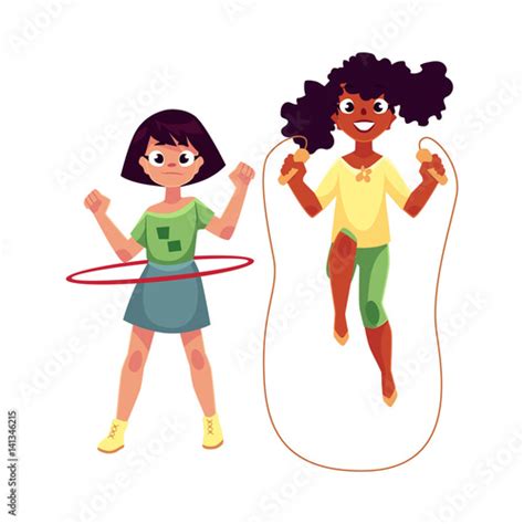 Two Girls Caucasian And Black African American Playing With Jumping