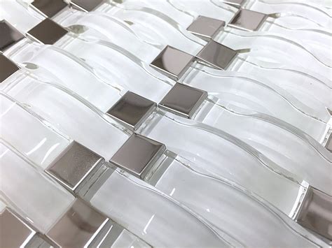 3d Waves White Glass With Chrome Metal Dot Mosaic Tile Wall