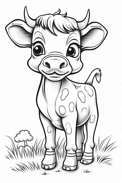 Premium Photo A Black And White Drawing Of A Cow Standing In The Grass Generative Ai