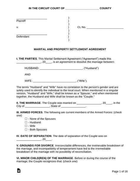 Free Virginia Marital Settlement Divorce Agreement Pdf Word Eforms
