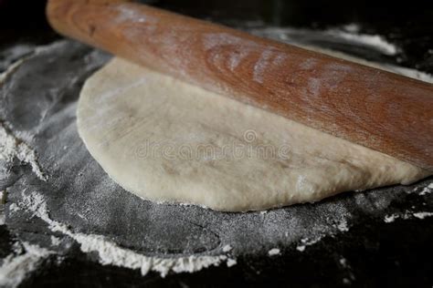 Pizza Dough With A Rolling Pin Stock Image Image Of Bread