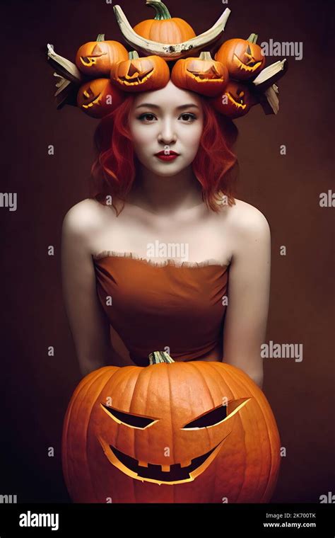 portrait of beautiful woman as a pumpkin queen holding evil jack o lantern carved pumpkin