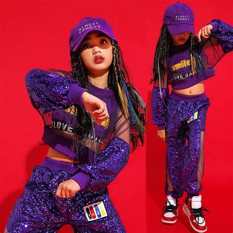Sequin Dance Costume Long Sleeve Purple Girls Street Dance Practice Wear Performance Clothing