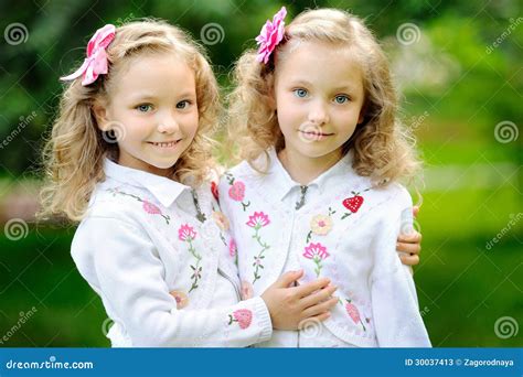 Portrait Of Two Sisters Twins Stock Image Image Of Beautiful Smiling