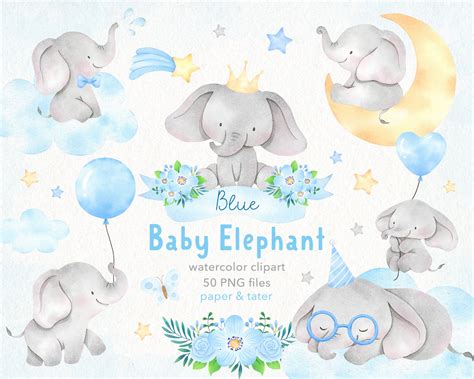 Watercolor Blue Baby Elephant Clipart Graphics Cute Baby Boy Etsy