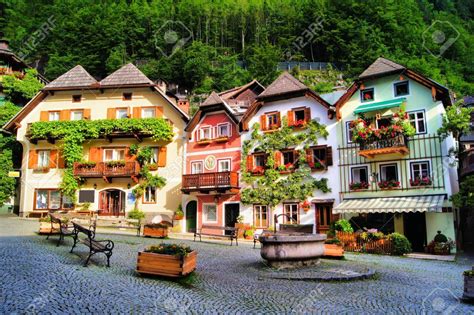 Colorful And Picturesque Village Square In Hallstatt Austria