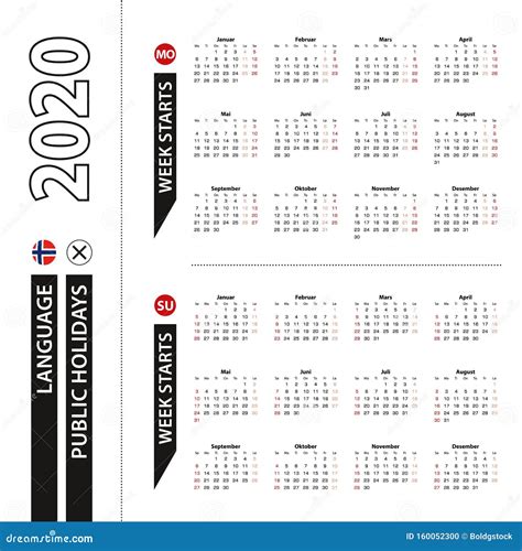 Two Versions Of 2020 Calendar In Norwegian Week Starts From Monday And