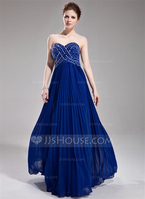 A Line Princess Sweetheart Floor Length Chiffon Prom Dress With Beading Sequins Pleated