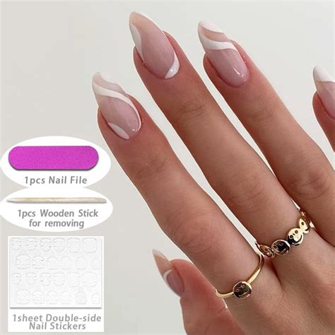Dicasser Medium Length Almond Press On Nails With Designsnude White