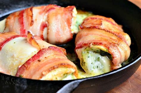 Fold the chicken back over to seal the cheese inside. Bacon Wrapped, Mozzarella and Pesto Stuffed Chicken - Will ...
