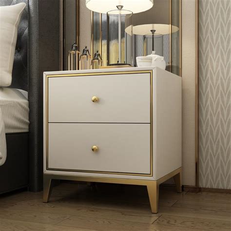 Modern Nightstand Side Table With 2 Drawers White And Gold Decobuys