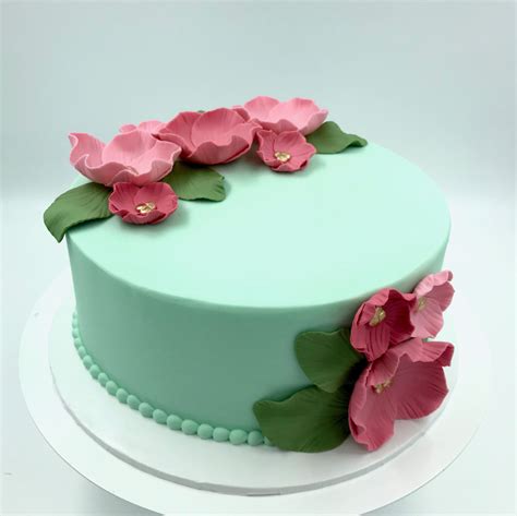 Mint Green Cake With Pink Flowers Perfect For A Birthday Or Any