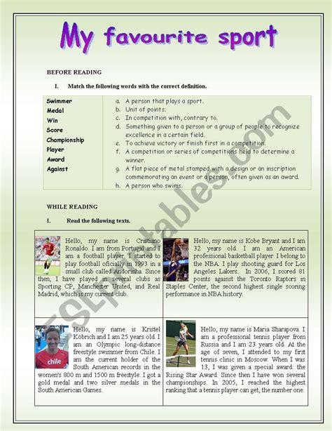 My Favourite Sport Esl Worksheet By Jenisita