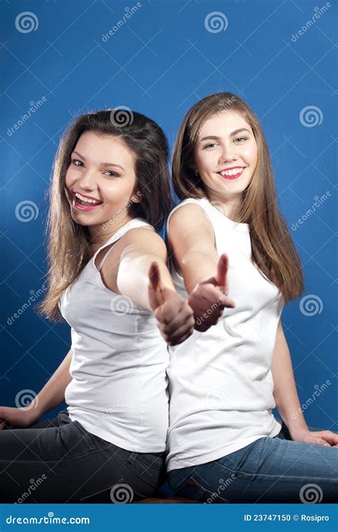 Okay By Two Happy Young Beautiful Woman Friends Stock Photo Image