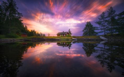 Nature Landscape Norway Long Exposure Lake Cottage