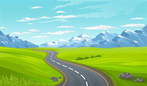 Asphalt Road At Green Meadow With Mountains And Blue Clouded Sky At