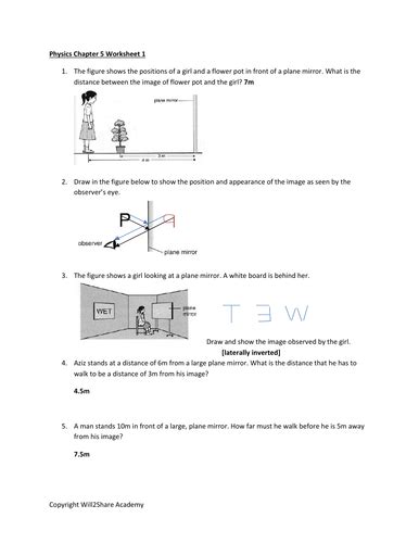 Light Mirrors Reflection Refraction And Refractive Index Worksheets