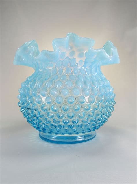 Fenton Rose Bowl Hobnail Blue Opalescent With Ruffled Edge Etsy