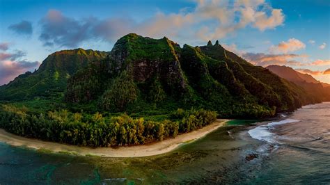 Aerial View Of Nā Pali Coast At Sunset Kee Beach Kauai Hawaii Usa