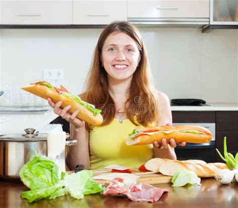 Happy Woman With Sandwiches Stock Image Image Of Meat Food