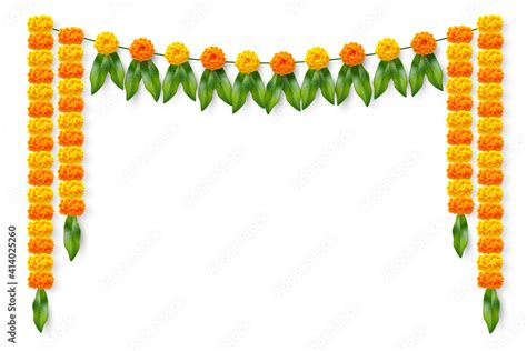 Traditional Indian Floral Garland With Marigold Flowers And Mango