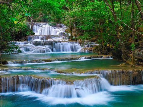 Tropical Cascade Waterfall In Kanchanaburi Thailand Nature