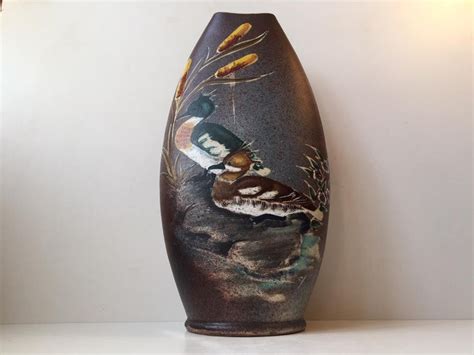 Scandinavian Pottery Vase With Ducks And Bulrush Decor By Tilgmans