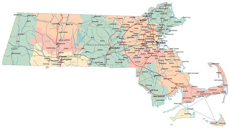 Large Administrative Map Of Massachusetts State With Roads Highways And Major Cities Vidiani