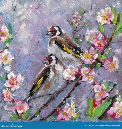 Oil Painting Of Two Goldfinch Bird And Flowers Oil On Canvas Couple