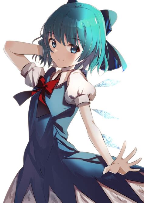 Natsume Suzuri Cirno Touhou Highres 1girl Arm Behind Head Blue Bow Blue Dress Blue Eyes