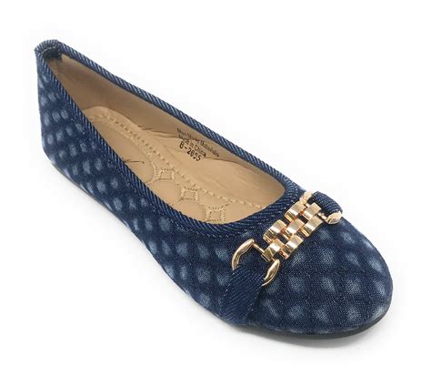 Victoria K Womens Quilted Denim With Gold Link Ballerina Flats