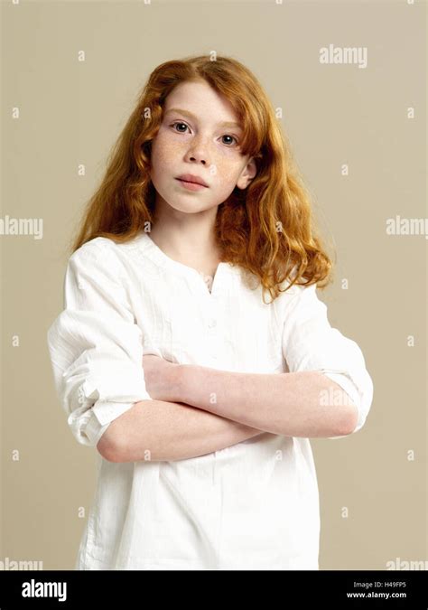 Girls Red Haired Arms Crossed Half Portrait Person Child Long