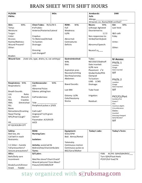 For example, a neuro nurse who cares primarily for patients with traumatic brain injuries will have a different brain sheet then a cardiac icu nurse. nurse-brain-sheetwithshifthours by John Knowles via ...