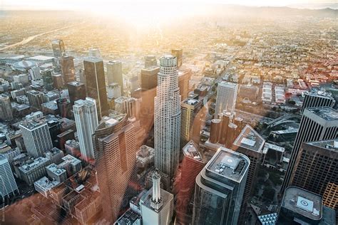 Sunset In The City Of Los Angeles From Above With Reflections By