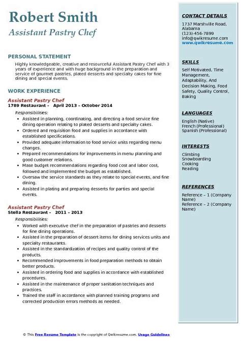 Assistant Pastry Chef Resume Samples Qwikresume