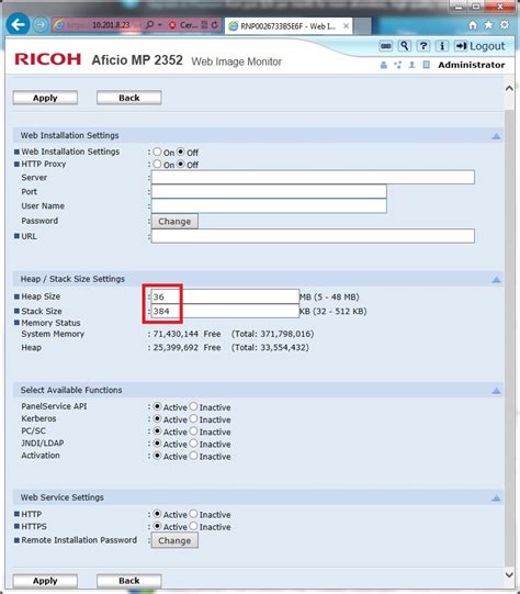 I am having the same issue with the aficio sp 3510dn and cannot change from that administrator password as shown in the last post. Heap and Stack Settings for PIV or CAC enabled Ricoh MFDs - Kofax