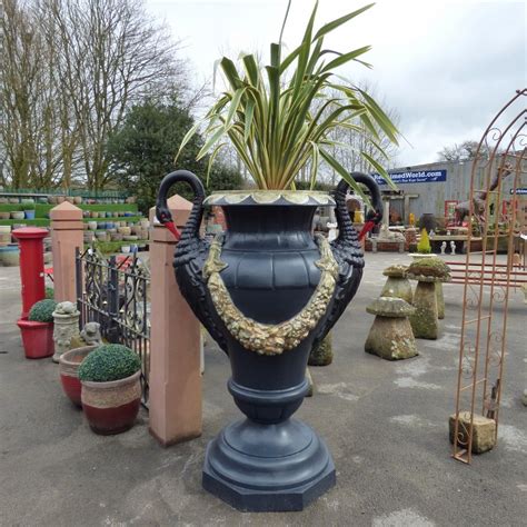 Pair Of Extra Large Reclaimed Cast Iron Garden Urns Planters With Swan