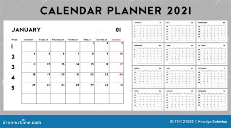 2021 Calendar Planner With Week Numbers Basic Design Template Stock