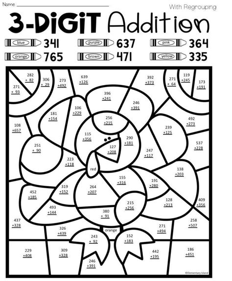 3 Digit Addition With Regrouping Coloring Worksheets Free Printable