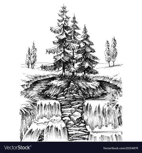 Alpine Waterfall Mountain River Landscape Drawing Vector Image