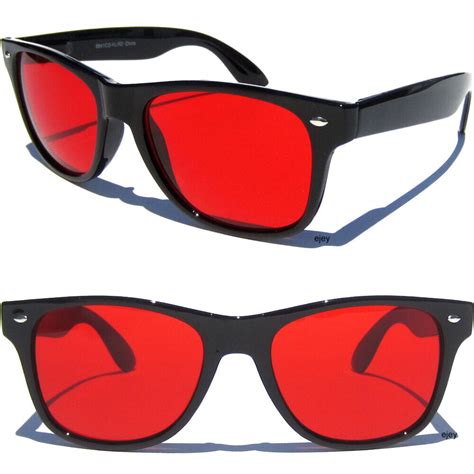 Red Lens Color Black Frame Horn Rim Sunglasses Retro Sunnies Men Or