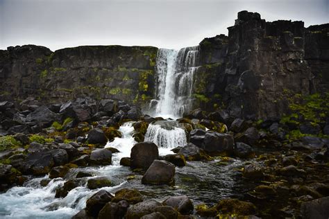 Öxarárfoss Waterfall Over The North American Plate Tectonic Plate In