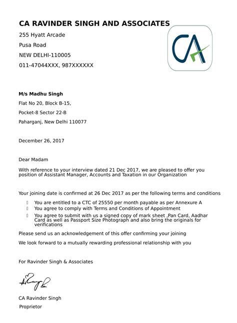 A job offer letter is a letter offering employment following an interview. offer letter template california - Kanza